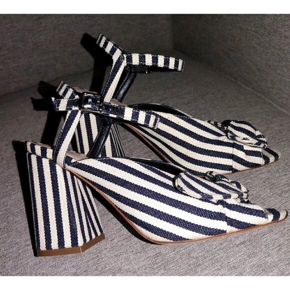 Loeffler Randall Leigh Striped Canvas Block Heel Sandal Navy and White Size 7B - Picture 4 of 9